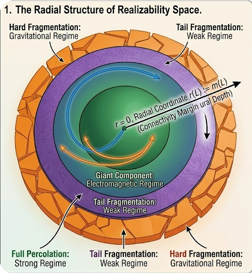 A concentric circle diagram illustrating the stratified structure of UNNS Realizability Space. The center is a green core labeled Full Percolation: Strong Regime, surrounded by a blue-green layer for Giant Component: Electromagnetic Regime. This is encircled by a purple layer for Tail Fragmentation: Weak Regime, and the outermost layer consists of orange fragments labeled Hard Fragmentation: Gravitational Regime. An arrow from the center outward represents the radial coordinate r(L) := m(L), identifying the connectivity margin as structural depth.