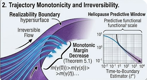 A two-part graphic. On the left, blue flow lines represent Irreversible Flow moving towards a dark purple Realizability Boundary hypersurface. A bracket indicates Monotonic Margin Decrease, referencing Theorem 5.1 and showing the inequality m(gamma(0)) > m(gamma(s)) > m(gamma(t)). On the right, a logarithmic line graph plots the Time-to-Boundary Estimator (t*) against the Predictive functional scale, showing a steady downward curve within a Heliopause Predictive Window.