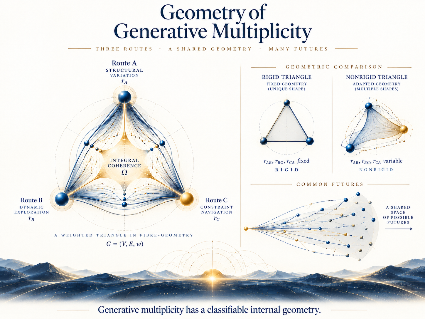 A triangular network of three generative routes, connected by blue-and-gold strands, appears beside weighted triangle diagrams comparing rigid and nonrigid fibre structures and a branching illustration of common futures.