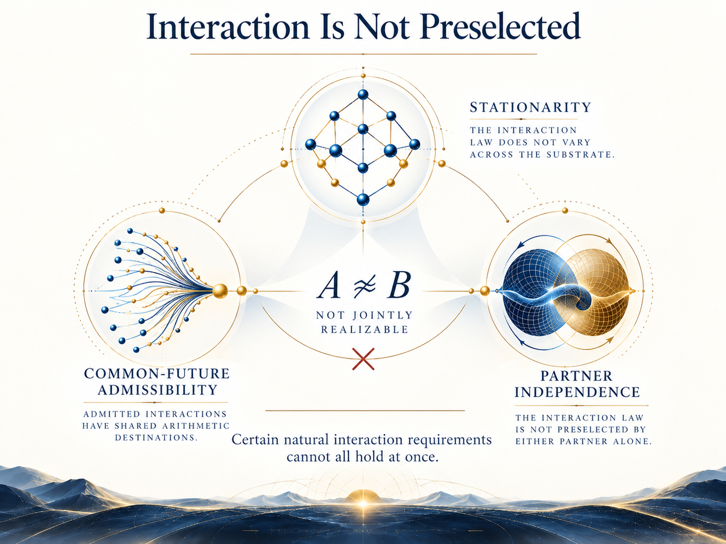 Three connected geometric structures represent common-future admissibility, stationarity, and partner independence. A central incompatibility symbol indicates that the three requirements cannot all hold simultaneously.