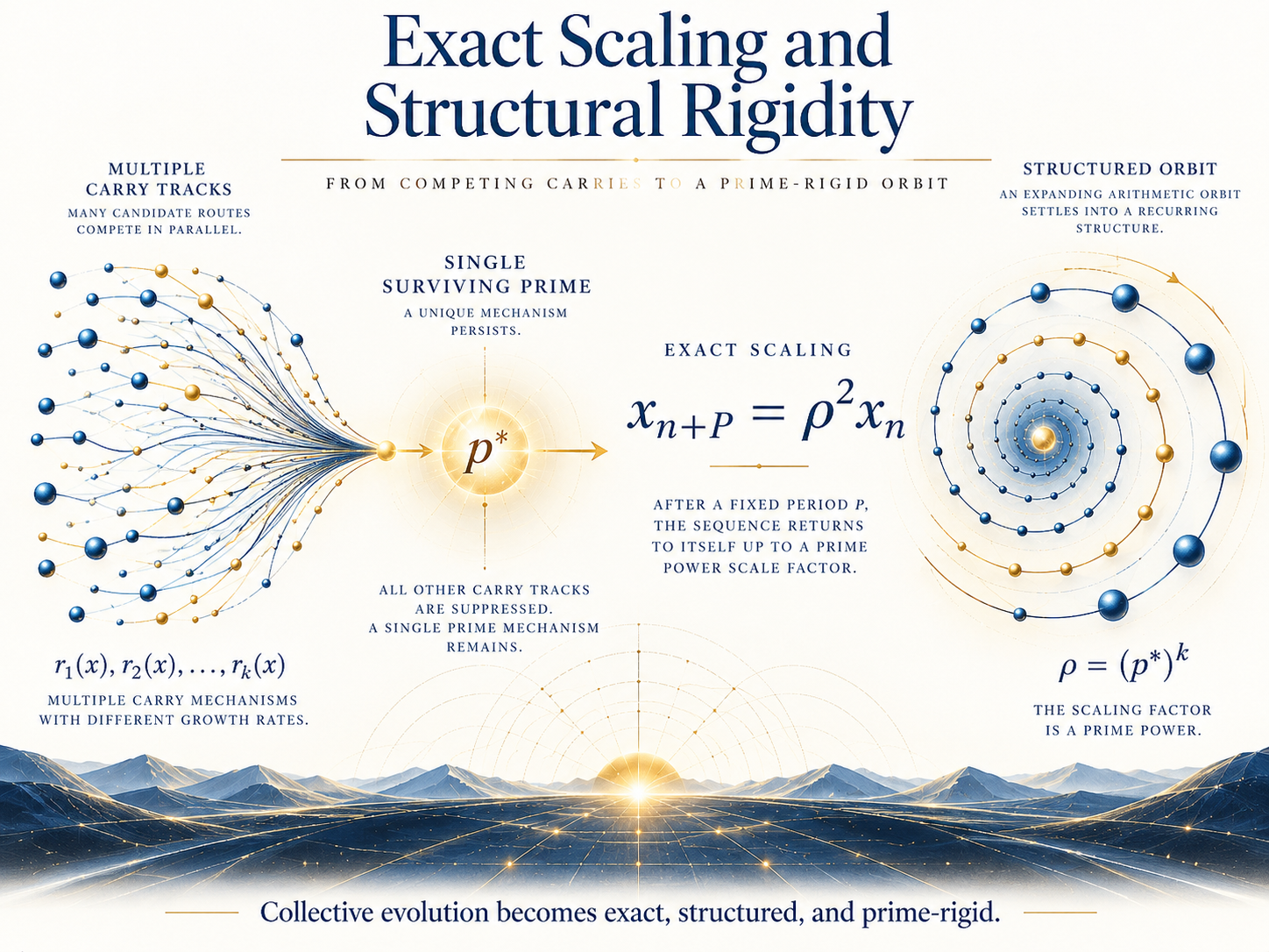 Multiple blue-and-gold arithmetic carry tracks converge toward a single surviving prime, followed by an expanding spiral orbit. The equation x(n+P) = ρ² x(n) illustrates eventual exact scaling.