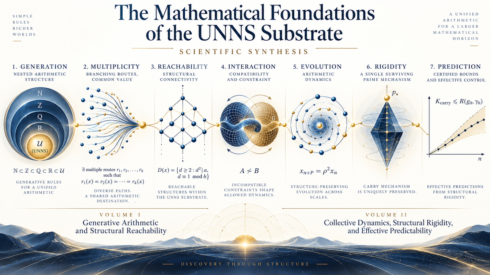 Seven-panel scientific synthesis of the Mathematical Foundations of the UNNS Substrate: generation, multiplicity, reachability, interaction, evolution, rigidity and prediction, running from nested number sets through branching routes, a reachability lattice, interlocking incompatible structures, a spiral orbit and a single surviving prime to a certified bound K_carry ≤ R(g0, γ0).