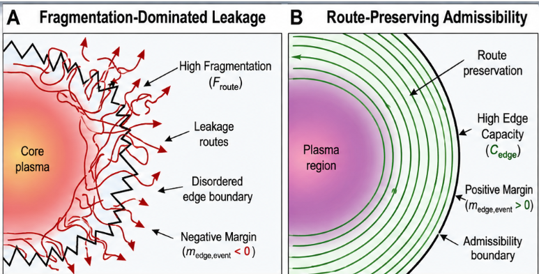 Boundary-state duality: Panel A shows fragmentation-dominated leakage with chaotic red routes escaping through a disordered boundary. Panel B shows route-preserving admissibility with ordered green boundary routes surrounding a plasma region.