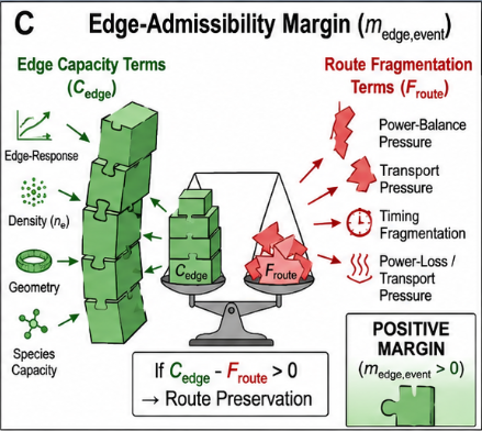 Blueprint of the edge-admissibility margin: green interlocking blocks for edge capacity terms (edge response, density, geometry, species) on the left; red fragmented shapes for fragmentation terms on the right; a balance scale compares C_edge and F_route.