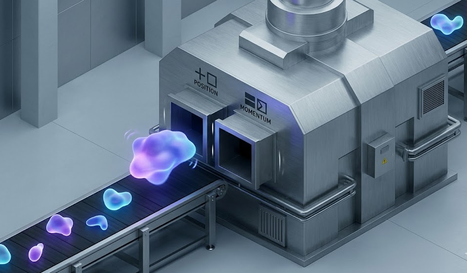 The Intellectual Mismatch: an industrial sorting machine with rigid square apertures confronted by a fluid luminous quantum anomaly that cannot fit its binary chambers.