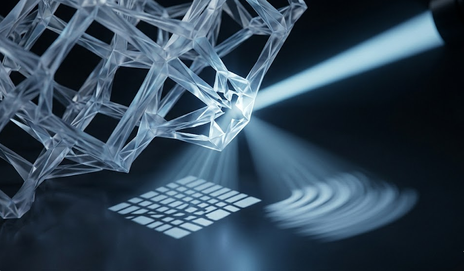 Redefining Uncertainty: a coherent light beam striking a crystalline lattice forces two incompatible projections — a pixelated grid for position and a diffuse streak for momentum — onto the observation surface below.