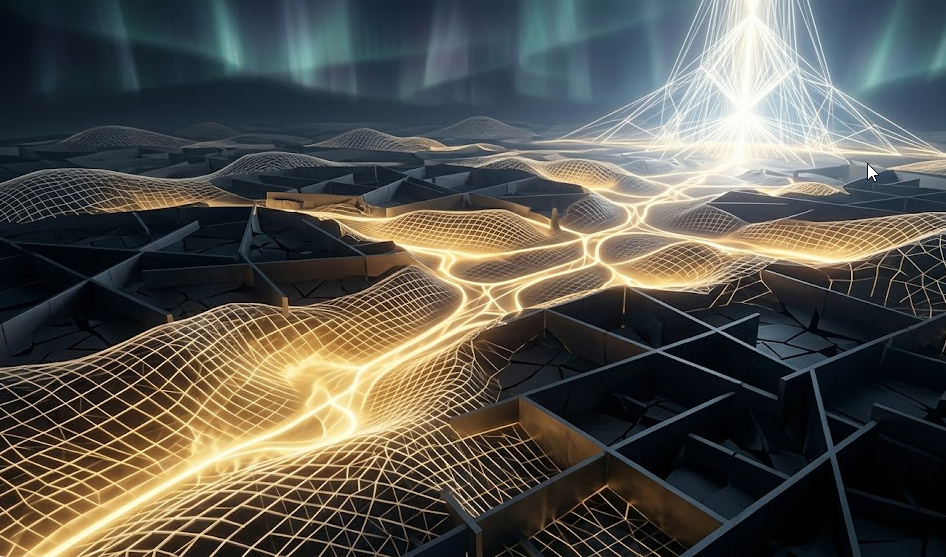 The Landscape of Admissibility: an abstract topography of glowing geometric grids, dark fractured prohibited zones, and luminous connected valleys of allowed states in gold and purple.