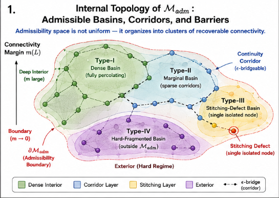 Internal Topology of M_adm — four basin types organized by connectivity margin m(L)