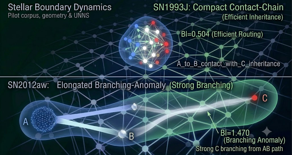 Scientific visualization of stellar boundary dynamics showing compact routing and branching anomaly examples across a network-like structural space.