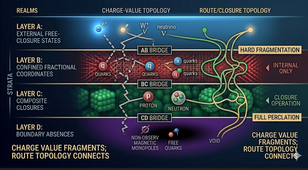 Four-layer diagram showing external closure states, confined fractional coordinates, composite closures, and boundary absences. Charge-value topology is shown as fragmented, while route/closure topology forms connected pathways across the admissible layers.