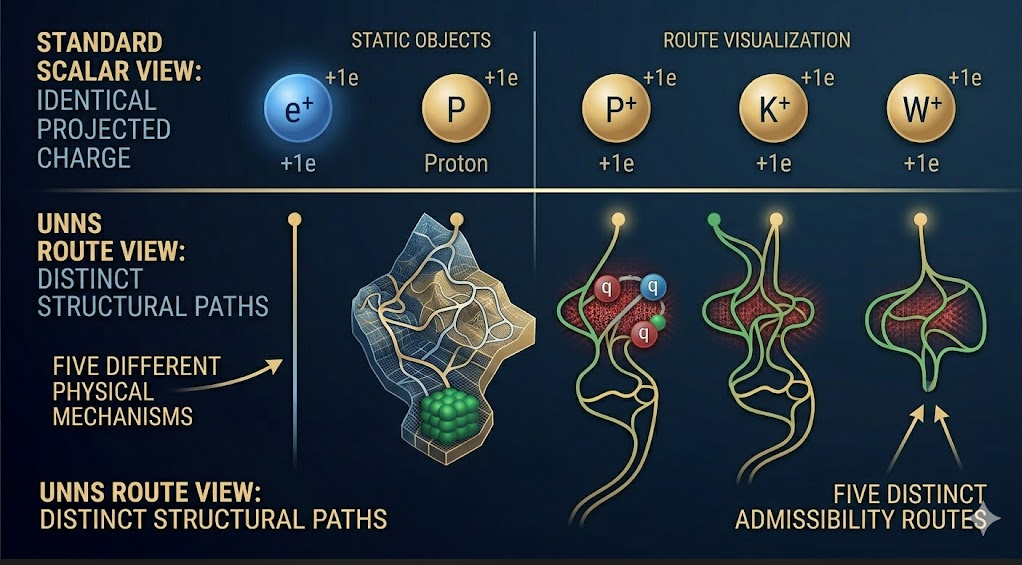 Comparison between scalar charge view and UNNS route view. Several particles with the same charge are shown as identical in the scalar view but as different structural pathways in the route view.