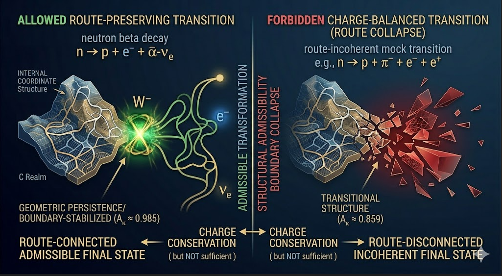 Split-panel image comparing an allowed route-preserving transition with a forbidden charge-balanced mock transition. The allowed side remains route-connected and admissible, while the forbidden side collapses into boundary fragments despite charge conservation.