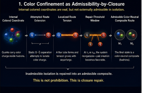 A dark scientific infographic titled "Color Confinement as Admissibility-by-Closure." It shows a five-stage sequence: internal colored coordinate, attempted route extension, localized route tension, repair-threshold window, and admissible color-neutral composite route. Colored quark-like particles attempt separation, form a flux tube, reach a threshold where pair creation becomes favorable, and resolve into two color-neutral composite objects.