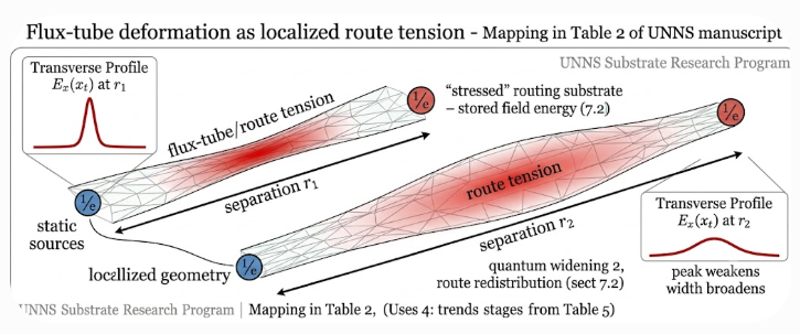 A white-background schematic titled "Flux-tube deformation as localized route tension." Two elongated flux-tube diagrams show static color sources separated by distances r1 and r2. The shorter separation has a sharper transverse electric-field profile, while the longer separation shows a broader, weaker profile. The central flux tube is labeled as route tension or stored field energy, with notes about localized geometry, quantum widening, and route redistribution.
