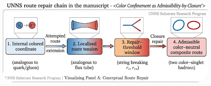 A white-background flow diagram titled "UNNS route repair chain in the manuscript." Four numbered boxes show: internal colored coordinate, localized route tension, repair-threshold window, and admissible color-neutral composite route. Arrows connect the stages. Small icons above the boxes show a quark-antiquark pair, a flux tube, a branching repair event, and two closed color-neutral loops. Labels underneath relate the stages to quark/gluon coordinates, flux tubes, string breaking, and two color-singlet hadrons.