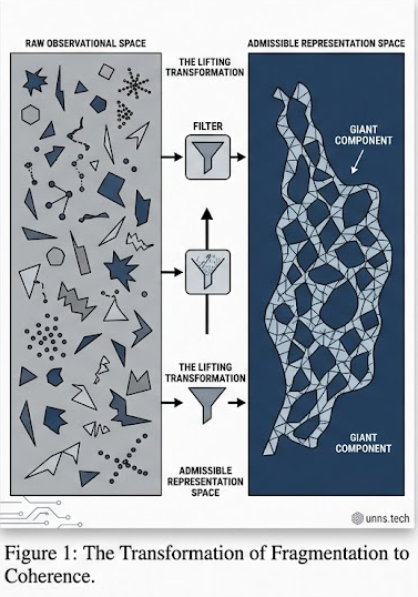 A conceptual schematic showing how fragmented observational data can become structurally coherent after representation transformation. The left panel, labeled Raw Observational Space, contains scattered disconnected geometric fragments and isolated motifs. The center panel shows a lifting transformation / transition-space mapping process. The right panel, labeled Admissible Representation Space, displays a large interconnected network-like giant component with persistent global connectivity. The figure illustrates the manuscript's core idea that apparent fragmentation may arise from the geometry of representation rather than from intrinsic structural collapse of the underlying system.