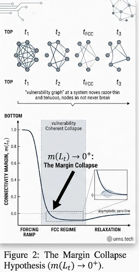 A two-part scientific schematic illustrating the Margin Collapse Hypothesis. The upper panel shows a sequence of evolving network graphs labeled t1, t2, tFCC, and t3, where the system progressively approaches a sparse near-boundary regime while maintaining a connected giant component. The lower panel plots connectivity margin m(Lt) against forcing ramp and relaxation phases. The curve sharply declines toward zero in the FCC regime, then partially recovers during relaxation. An inset highlights asymptotic near-zero behavior without complete collapse.