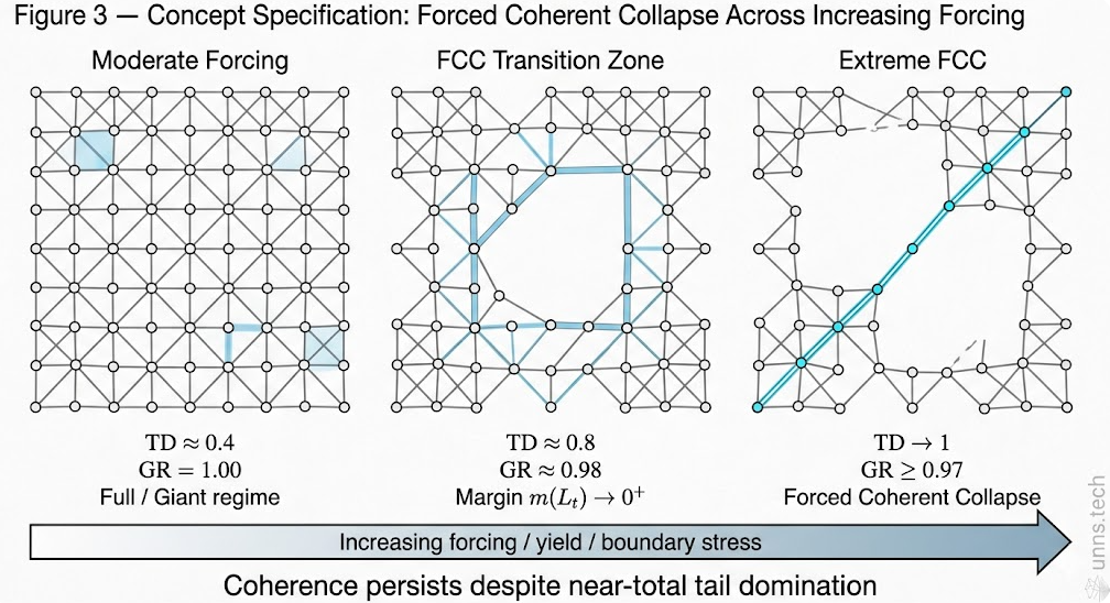 This figure visually explains the manuscript's most important discovery: systems can approach apparent collapse while still preserving admissible global connectivity. It operationalizes FCC geometrically rather than statistically.