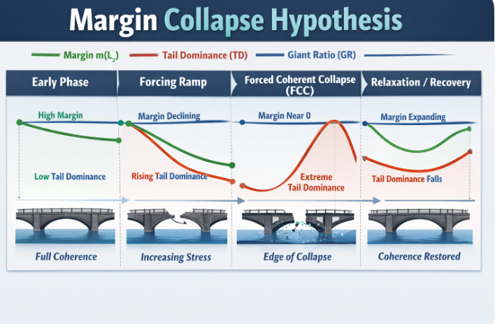 A four-stage conceptual diagram illustrating the Margin Collapse Hypothesis in the UNNS framework. The figure tracks the evolution of three structural quantities across increasing forcing: connectivity margin m(Lt) shown in green, tail dominance (TD) shown in red, and giant ratio (GR) shown in blue. The stages are labeled Early Phase, Forcing Ramp, Forced Coherent Collapse (FCC), and Relaxation / Recovery. In the Early Phase, the system has high margin and low tail dominance, represented by a stable intact bridge labeled Full Coherence. During the Forcing Ramp, margin declines while tail dominance rises, and the bridge begins to crack under stress. In the FCC regime, margin approaches zero while tail dominance peaks, yet the bridge remains partially connected despite severe structural damage, illustrating Edge of Collapse. During Relaxation / Recovery, margin expands again, tail dominance decreases, and the bridge reconnects into a restored coherent structure.