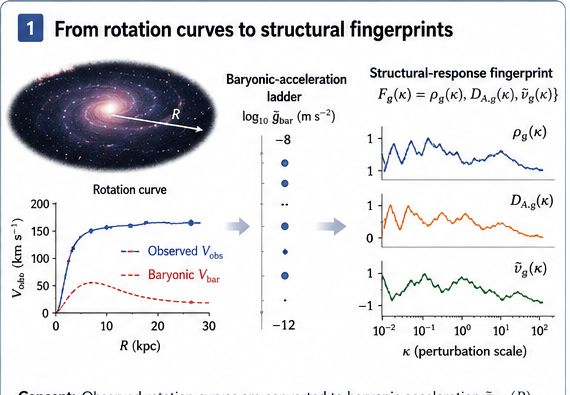 Scientific pipeline showing a resolved galaxy rotation curve transformed into a sorted baryonic-acceleration ladder and passed through the UNNS chamber to produce a multichannel structural fingerprint.