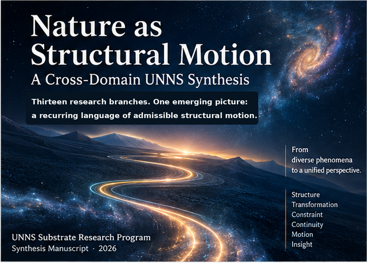 Nature as Structural Motion — a winding luminous path through a mountain landscape beneath a spiral galaxy, representing thirteen research branches converging on one structural picture.