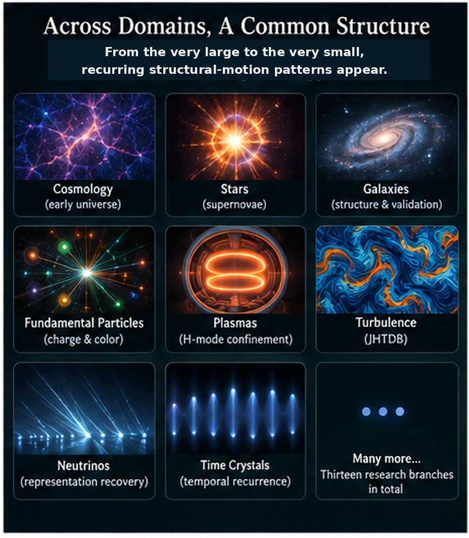 From the very large to the very small: cosmology, stars, galaxies, fundamental particles, plasmas, turbulence, neutrinos, and time crystals — recurring structural-motion patterns appear across all of them.