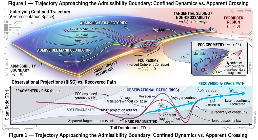 Conceptual diagram: upper panel shows Voyager, supernovae, and nuclear trajectories evolving within an admissible manifold toward the FCC regime. Lower panel compares observational RISC projections with Δ-space recovered paths.