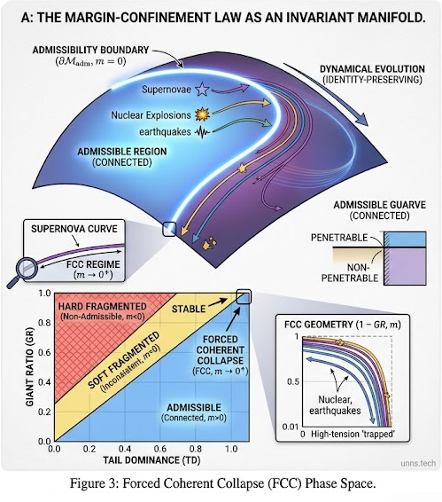 Multi-panel FCC diagram. Upper: systems evolving toward FCC corridor. Lower: phase-space map of GR vs TD separating admissible, soft fragmented, hard fragmented, and FCC regions. Insets: nuclear and supernova trajectories.