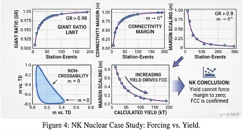 NK nuclear case study: four plots showing giant ratio approaching high values, connectivity margin positive, margin scaling decreasing toward zero with yield.