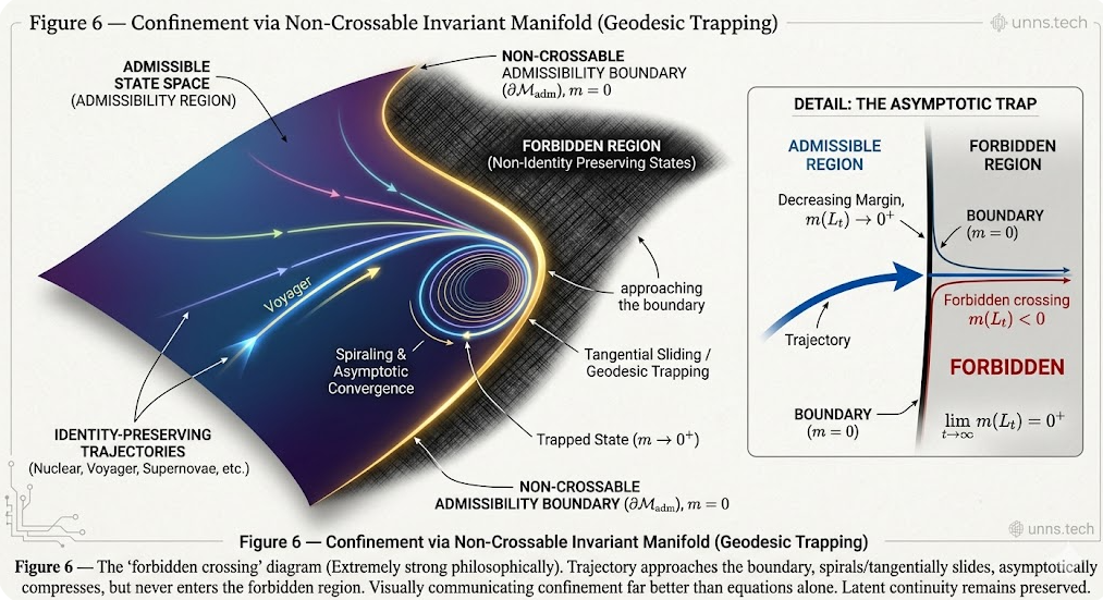 Geometric visualization: colored trajectories spiral toward a glowing non-crossable boundary. Inset shows margin approaching zero from above while forbidden region remains inaccessible.