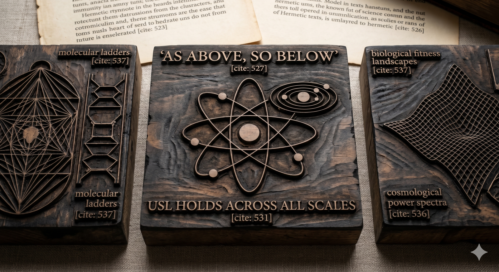Carved wooden blocks illustrating cross-domain invariance of the USL: atomic model (cite 531), molecular ladders (cite 537), planetary system, cosmological power spectra (cite 536), biological fitness landscapes (cite 537) — 'As Above, So Below'