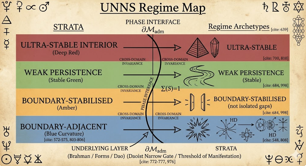 UNNS Regime Map showing four strata: Ultra-Stable Interior (deep red), Weak Persistence (stable green), Boundary-Stabilised (amber), Boundary-Adjacent (blue curvature), with phase interface ∂M_adm and regime archetypes, flanked by alchemical symbols