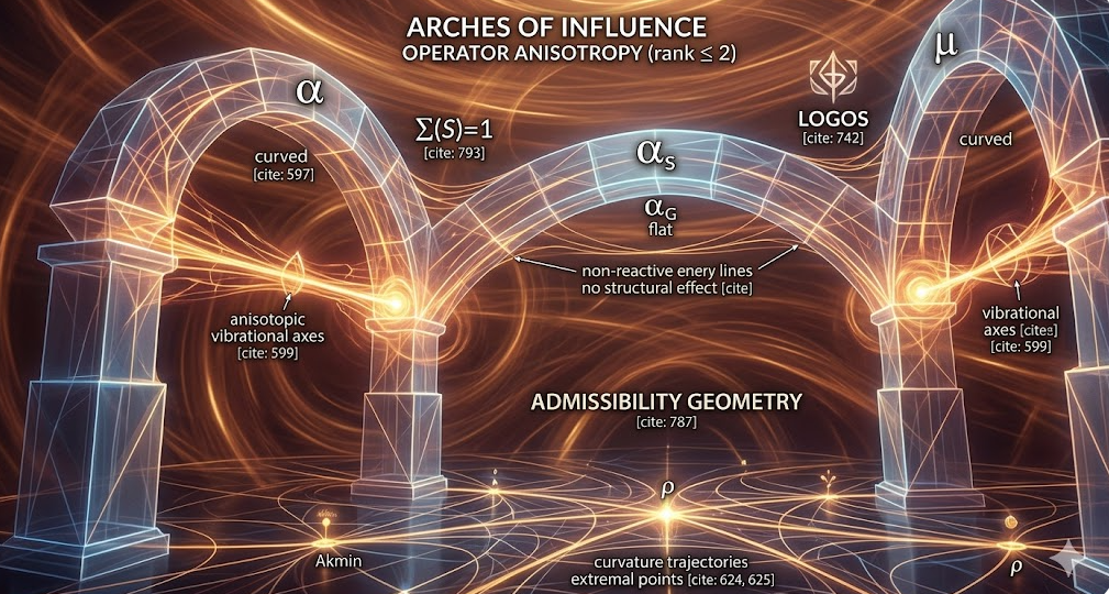 Arches of Influence: Operator Anisotropy diagram showing curved directions α and μ generating structural change, flat directions α_s and α_G having no structural effect, within the Admissibility Geometry with Akmin and ρ coordinates
