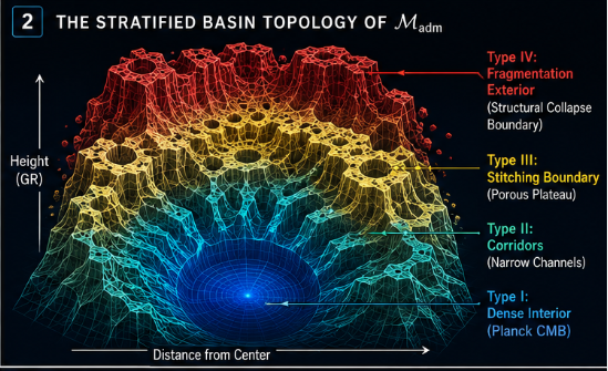 3D terrain visualization of the stratified basin topology of admissibility space, showing Type I through IV basin regions