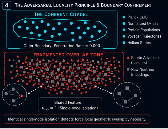 Two-region diagram: coherent citadel (blue cluster, penetration rate 0.000) and fragmented overlap zone (Pareto adversarial triangles and raw neutrino squares with shared n_iso=1 defect geometry)