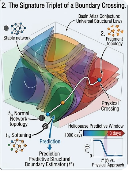 A layered geometric illustration showing how a system evolves as it approaches a structural boundary, transitioning from stable organization to fragmentation, with a predicted crossing point.