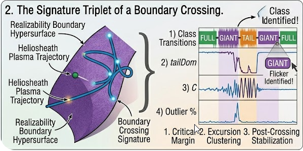 A trajectory crossing a boundary in the admissibility manifold, with time-series plots showing changes in structural class, connectivity margin, and fluctuations.