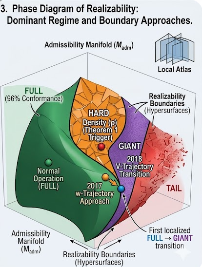 Three-dimensional phase diagram showing regions labeled FULL, HARD, GIANT, and TAIL, with a trajectory mostly in FULL that approaches a boundary and briefly enters the GIANT region, while density occupies a separate HARD region.