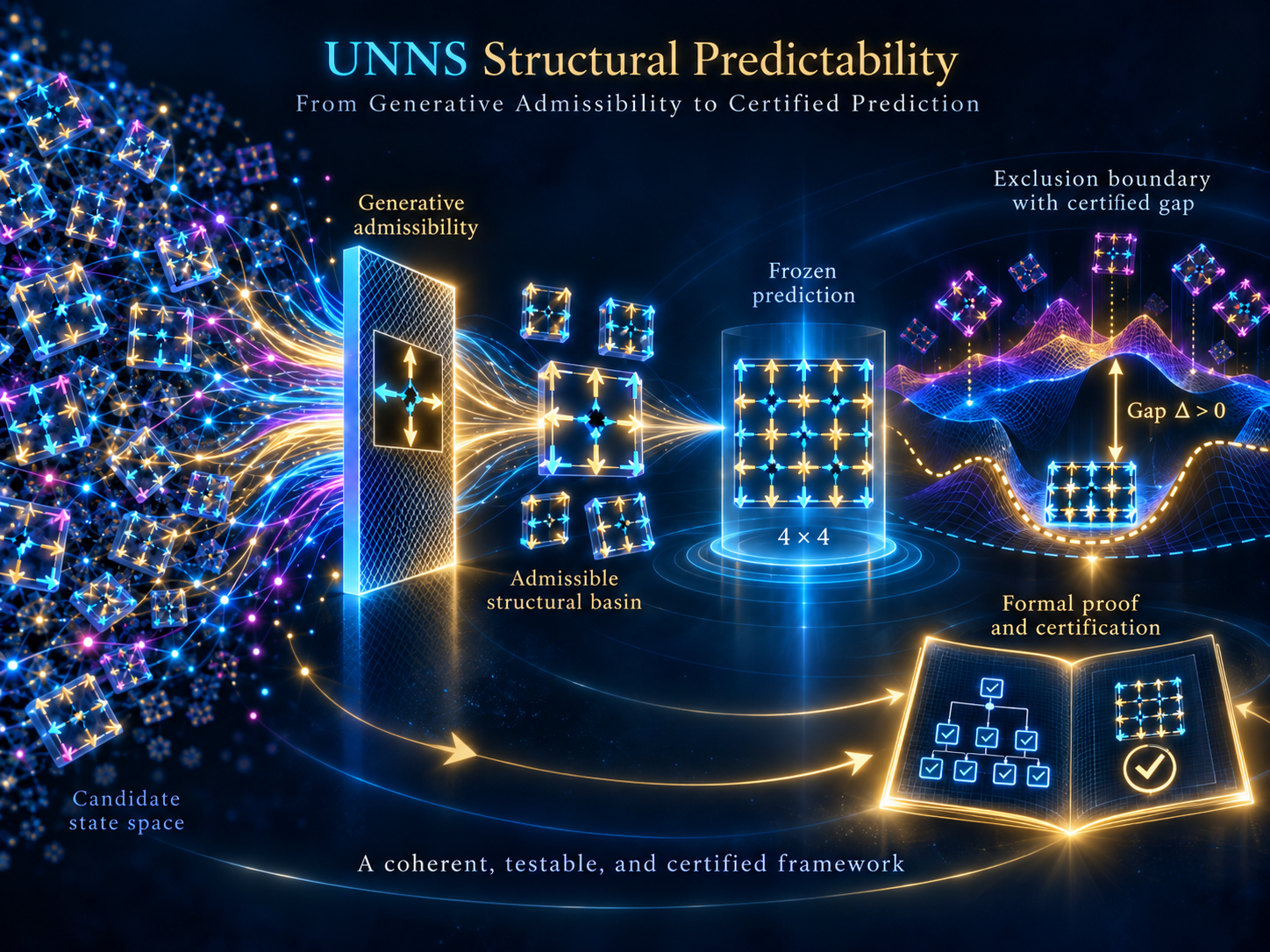 Scientific illustration of UNNS structural predictability, showing a vast configuration space passing through a generative admissibility filter, a frozen 4×4 lattice prediction, an energetic exclusion boundary, and formal mathematical certification.