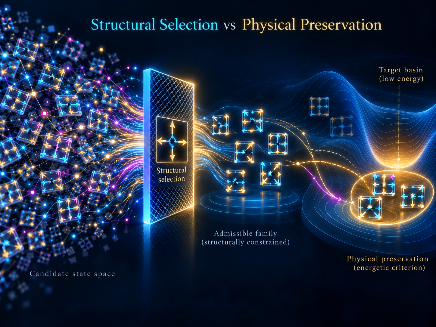 Glowing lattice configurations pass through a structural selection gateway toward a low-energy landscape, illustrating the distinction between grammar-admitted states and an independently defined physical target.