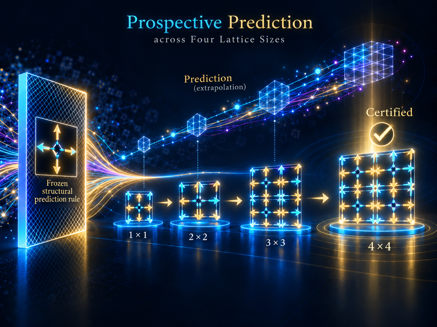 A glowing structural prediction rule leads through four progressively larger square lattices, labeled 1×1, 2×2, 3×3, and 4×4, ending with a certified result.