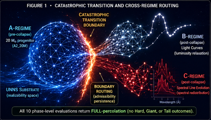 Conceptual scientific illustration of stellar boundary dynamics. A blue network sphere labeled A-regime represents a pre-collapse 20 solar-mass progenitor profile. It crosses a glowing catastrophic transition boundary and routes into two post-collapse admissible regimes: a white network and light-curve trace representing B-regime light curves, and a red network with spectral-line plots representing C-regime spectral evolution. A note states that all 10 phase-level evaluations return Full-percolation.