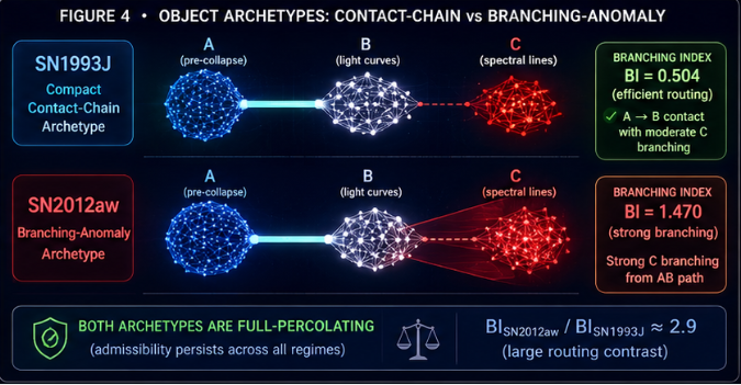 Comparison of two object-level routing archetypes. The top row shows SN1993J as a compact contact-chain archetype, with A, B, and C network nodes connected by a short path and branching index BI = 0.504. The bottom row shows SN2012aw as a branching-anomaly archetype, with a longer divergent path from A through B to C and branching index BI = 1.470. A footer notes that both archetypes are Full-percolating and that the routing contrast is about 2.9 times.