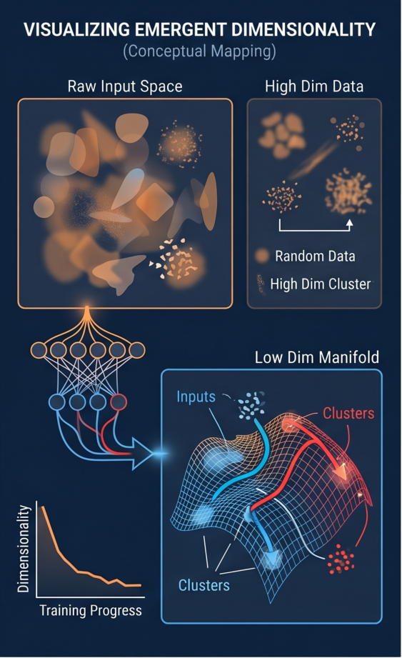 Conceptual mapping: high-dimensional data organising onto a lower-dimensional manifold, illustrating how raw input space condenses into structured low-dimensional structure