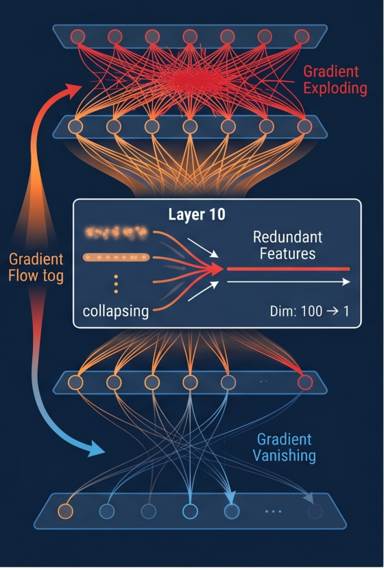 Gradient flow diagram showing redundant features collapsing at layer 10, with gradient exploding at top and vanishing at bottom, illustrating dimensional collapse to 1