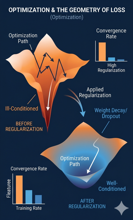 Optimization landscape showing ill-conditioned loss surface before regularization with erratic optimization paths, and well-conditioned stable basin after regularization