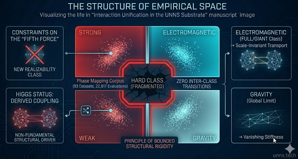 The Structure of Empirical Space — Phase Mapping Corpus showing Strong, EM, Weak, Gravity quadrants with HARD class fragmentation centre, Constraints on the Fifth Force (no new realizability class), Higgs Status as derived coupling