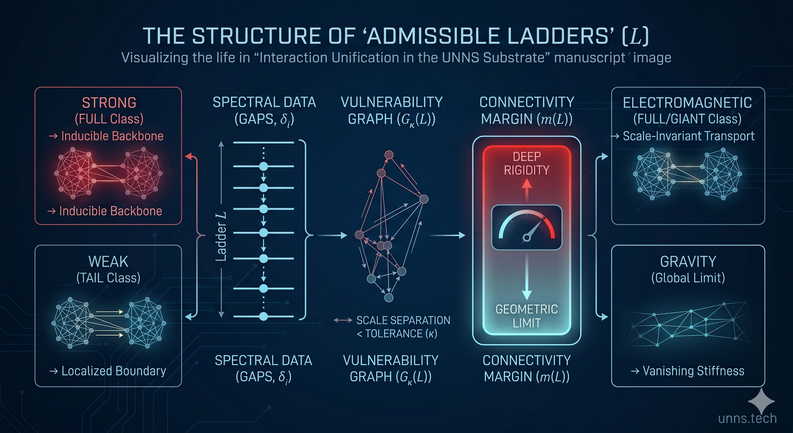 The Structure of Admissible Ladders L — showing the pipeline from spectral data through vulnerability graph G_κ(L) to connectivity margin m(L), with Strong (FULL Class, Inducible Backbone) and Weak (TAIL Class, Localized Boundary) outcomes on the left, EM (FULL/GIANT, Scale-Invariant Transport) and Gravity (Global Limit, Vanishing Stiffness) on the right
