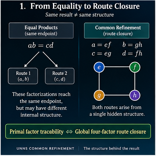 Diagram contrasting equal products with common refinement: two factorization routes reach the same endpoint ab = cd, while a four-factor square a = ef, b = gh, c = eg, d = fh reveals a shared internal structure and global route closure.