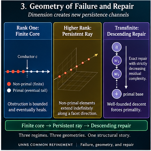 Three-panel visualization of obstruction geometry: a finite defect core followed by a primal tail at rank one, an infinite persistent defect ray in higher rank, and a descending transfinite repair chain terminating at a primal base.